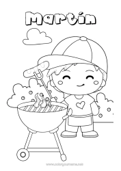 Página de desenho personalizável Menino Comida Criança Colorações Intermediárias Churrasco