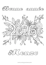 Página de desenho personalizável Flores Feliz Ano Novo Mensagem de 