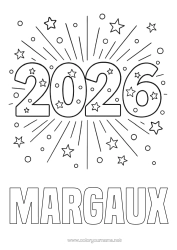 Página de desenho personalizável Feliz Ano Novo Fogos de artifício Estrelas 2026