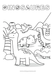 Coloriage personnalisable Dinosaures Volcan Animal Tyrannosaure Tricératops