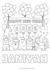 Página de desenho personalizável Bolas Festa Cachorro Feliz Ano Novo Animal Cães e gatos Árvore de Natal Mensagem de 