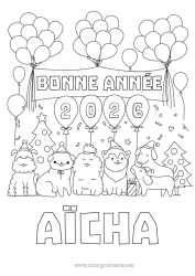 Página de desenho personalizável Bolas Festa Cachorro Feliz Ano Novo Animal Cães e gatos Árvore de Natal Mensagem de 