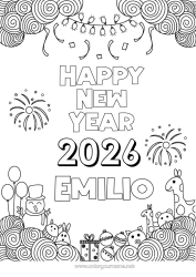 Coloriage personnalisable Bonhomme de neige Girafe Ballons Bonne année Feu d'artifice Zentangle Animaux sauvages d'Afrique Année personnalisable 2026 2027