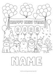 Página de desenho personalizável Bolas Festa Cachorro Feliz Ano Novo Animal Cães e gatos Árvore de Natal Mensagem de