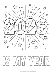 Página de desenho personalizável Feliz Ano Novo Fogos de artifício Estrelas 2026