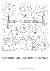 Página de desenho personalizável Bolas Festa Cachorro Feliz Ano Novo Animal Cães e gatos Árvore de Natal Mensagem de