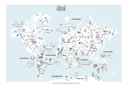 Pagina da colorare personalizzabile Animale Geografia Mappa del mondo Viaggio dell'elfo di Natale Mappa del Giro del Mondo degli Elfi
