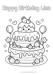 Página de desenho personalizável Bolo Kawaii Cereja Frutas Morango