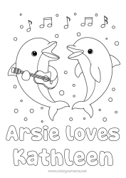 Coloriage personnalisable Animal Dauphin Musique Animaux marins ou aquatique Fête de la musique Guitare Instruments de musique
