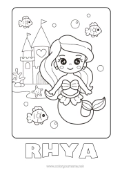 Coloriage personnalisable Kawaii Princesse Sirène Conte de fées Dessin animé Princesse célèbre