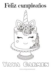 Coloriage personnalisable Gâteau Anniversaire Kawaii Licorne Animal Joyeux anniversaire (français) Message Dragons, licornes et animaux fantastiques