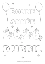 Página de desenho personalizável Unicórnio Feliz Ano Novo Dragões, unicórnios e animais fantásticos 2026