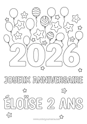 Página de desenho personalizável Bolas Feliz Ano Novo Estrelas 2026