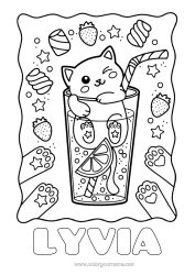 Coloriage personnalisable Bonbons Chat Kawaii Fruits Boisson Gourmandises, sucreries Fraise Chiens et chats Limonade Chamallows, guimauves
