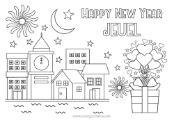 Página de desenho personalizável Coração Presentes Feliz Ano Novo Fogos de artifício Paisagem urbana Mensagem de 