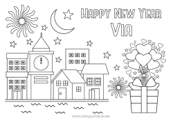 Página de desenho personalizável Coração Presentes Feliz Ano Novo Fogos de artifício Paisagem urbana Mensagem de 