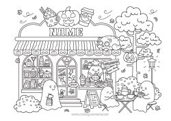 Pagina da colorare personalizzabile Fantasma Zucca Halloween Caffè Bevanda Negozio