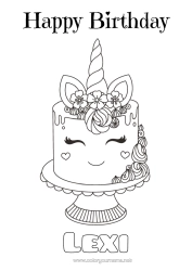 Página de desenho personalizável Bolo Aniversário Kawaii Unicórnio Animal Feliz aniversário (francês) Mensagem Dragões, unicórnios e animais fantásticos