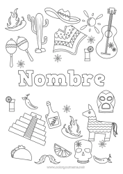 Coloriage personnalisable Cactus Mexique Symboles Cinco de Mayo Maracas Instruments de musique Sombrero Piment