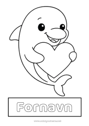 Colorear personalizable Corazón Kawaii Animales Delfín Dibujos fáciles para colorear Animales marinos o acuáticos Etiquetas Portadas de Cuaderno