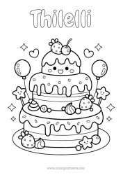 Pagina da colorare personalizzabile Torta Kawaii Ciliegia Frutta Fragola