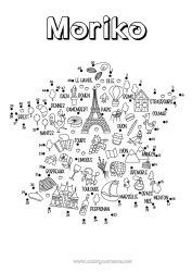 Anpassbare Malvorlage Kinderaktivitäten Geografie Frankreich Land Eiffelturm Triumphbogen Denkmal Landkarten Verbinde die Zahlen
