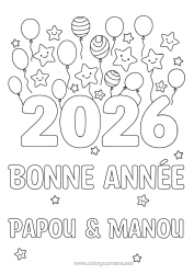 Pagina da colorare personalizzabile Palloncini Buon Anno Stelle 2026
