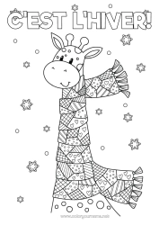 Página de desenho personalizável Neve Inverno Mandala Girafa Flocos de neve Animal Animais selvagens da África