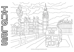 Página de desenho personalizável Londres Reino Unido Ônibus, carro Transporte público terrestre Monumento Ponte da Torre