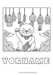 Página de desenho personalizável Gato Lanterna Chinesa Sorte Japão Maneki Neko Cães e gatos