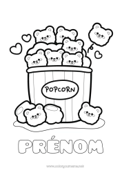 Pagina da colorare personalizzabile Kawaii Orsetto Cinema Pop Corn Dolci, zuccherini Animali della foresta