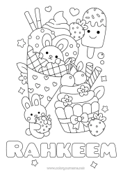 Pagina da colorare personalizzabile Torta Kawaii Coniglio Frutta Dolci, zuccherini Gelato Cupcake Fragola Animali della foresta