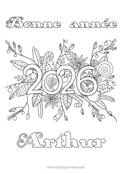 Página de desenho personalizável Flores Feliz Ano Novo Mensagem de 