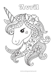 Colorear personalizable Flores Unicornio Animales Zentangle Dragones, unicornios y animales fantásticos Cabeza