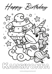 Colorear personalizable Tarta Cumpleaños Kawaii Unicornio Magdalena Dibujos complejos para colorear Mensaje de feliz cumpleaños (inglés) Dragones, unicornios y animales fantásticos
