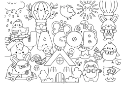 Colorear personalizable Kawaii Primavera Nombre decorado Pascua de Resurrección Simbolos Dibujos complejos para colorear