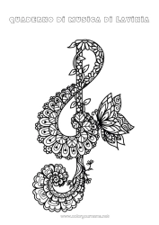 Página de desenho personalizável Borboleta Música Zentangle Insetos Festa da Música Instrumentos musicais Clave de Sol Capas de Caderno Nota musical