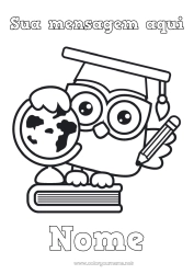 Pagina da colorare personalizzabile Gufo, Civetta Scuola Libro Uccelli e mammiferi volanti Lettura Matita Globo terraqueo Rientro a scuola Cappello da studente Forniture scolastiche