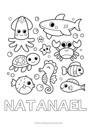 Página de desenho personalizável Kawaii Tartaruga águas-vivas Mar Animal Peixe Cavalo-marinho Caranguejo Conchas Tubarão Estrela do mar Animais marinhos ou aquáticos Répteis Polvo, Lula Tartaruga marinha