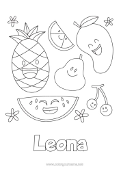 Página de desenho personalizável Cereja Abacaxi Frutas Desenhos para colorir fáceis Melancia Pêra Laranja