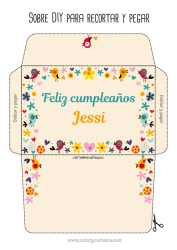 Coloriage personnalisable Fleurs Anniversaire Oiseau Printemps Nounou Oiseaux et mammifères volants Enveloppe à imprimer