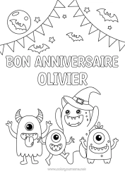 Customizable coloring page Bat Monster Halloween Birthday Party Alien Moon Happy Birthday (English) Message Flying birds and mammals