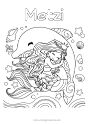 Coloriage personnalisable Mignon Princesse Mer Animal Dauphin Sirène Conte de fées Coquillages Animaux marins ou aquatique Câlin