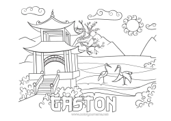 Coloriage personnalisable Japon Flamant rose Oiseaux et mammifères volants Cerisier Pagode