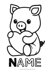 Coloriage personnalisable Coeur Cochon Je t'aime Animal Saint valentin Animaux de la ferme