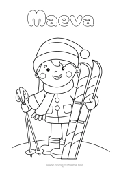 Página de desenho personalizável Criança Cachecol Esqui Esportes de Inverno Gorro de Inverno