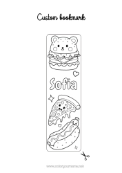 Página de desenho personalizável Kawaii Comida Marcador de Página Hambúrguer Pizza Cachorro-quente