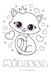 Pagina da colorare personalizzabile Carino Cuore Gatto Animale Corona CanI e gatti