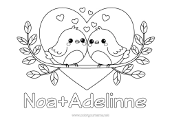 Página de desenho personalizável Coração Pássaro Eu te amo Animal Dia dos Namorados Pássaros e mamíferos voadores