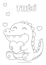Página de desenho personalizável Coração Kawaii Dinossauros Crocodilo Répteis